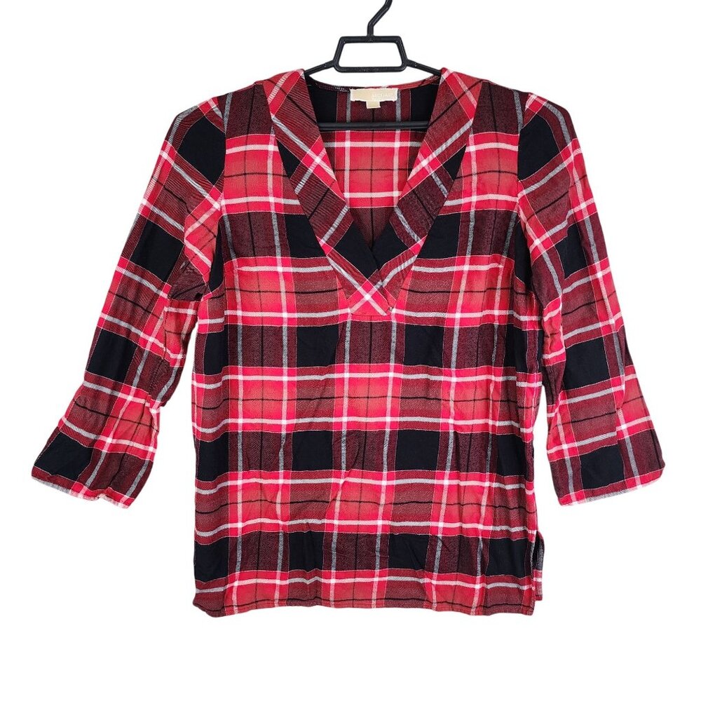 Womens Michael Kors Red & Black Plaid Blouse V-Neck Long Sleeve Size L